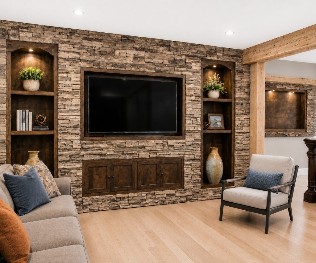 Concept art of a basement with new accent wall